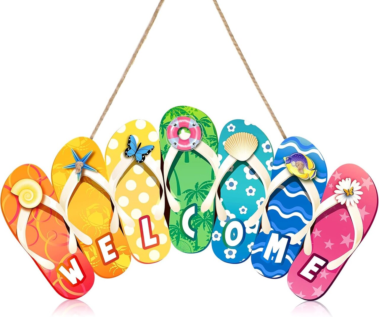 Summer Slippers Hanging Sign Shape Welcome Hello Flip Flop Wooden Door Plaque Rustic Wall Sign Yard Indoor Outdoor Garden Decoration with Rope